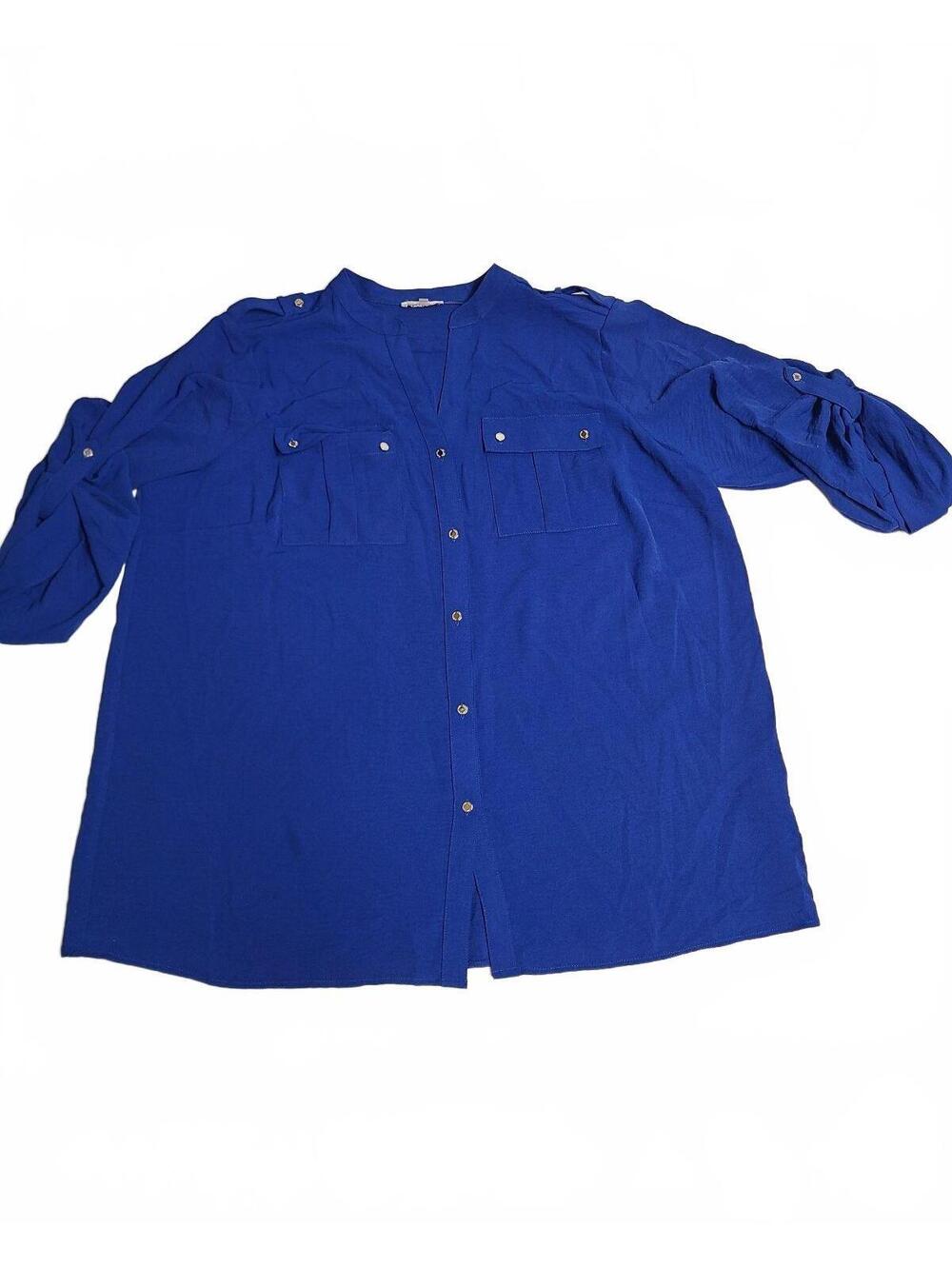 Calvin Klein Women's Cobalt Blue Roll-Tab Sleeve Utility Blouse Size 1X